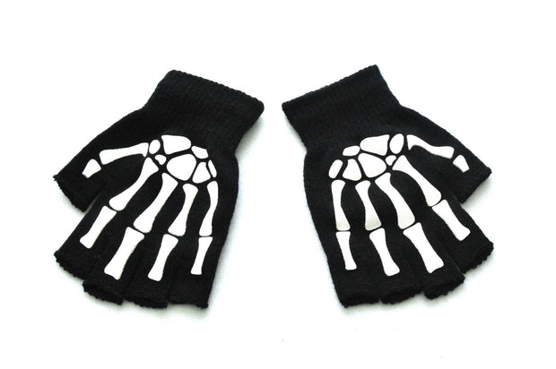 Warm Knitted Half Finger Gloves Halloween Luminous Skull