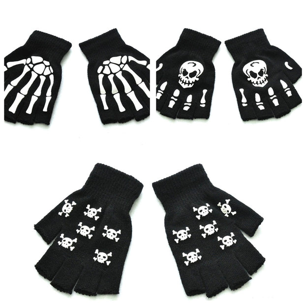 Warm Knitted Half Finger Gloves Halloween Luminous Skull