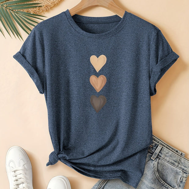 Three Heart Printing Summer Casual Sports Style Round Neck Women's Short Sleeve T-shirt