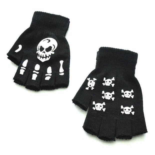 Warm Knitted Half Finger Gloves Halloween Luminous Skull