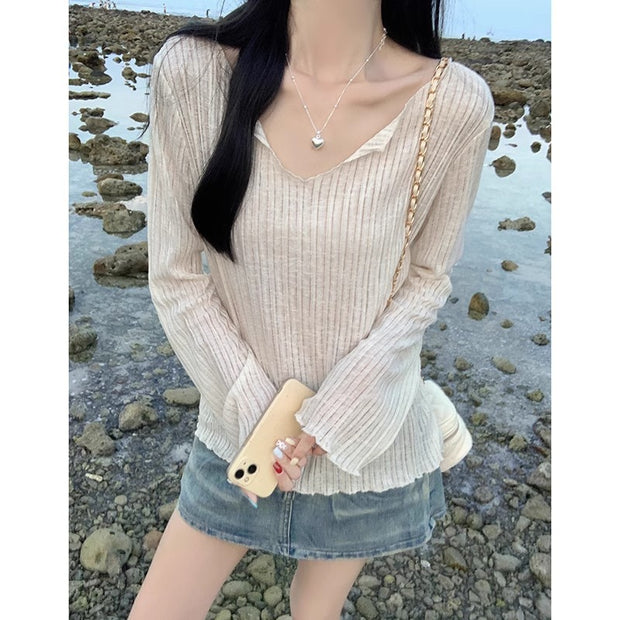 Ice Silk Thin Summer Long-sleeve T-shirt For Women
