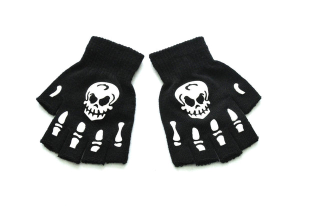 Warm Knitted Half Finger Gloves Halloween Luminous Skull