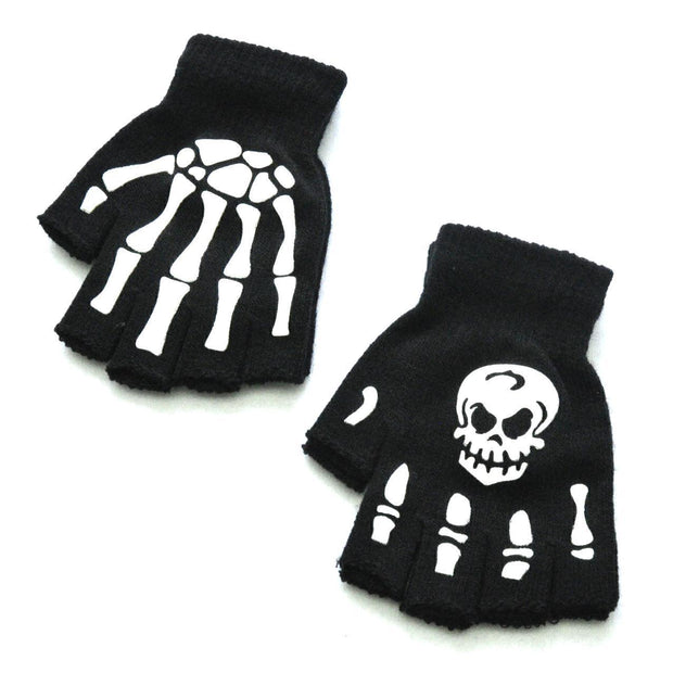 Warm Knitted Half Finger Gloves Halloween Luminous Skull