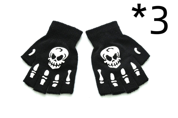 Warm Knitted Half Finger Gloves Halloween Luminous Skull