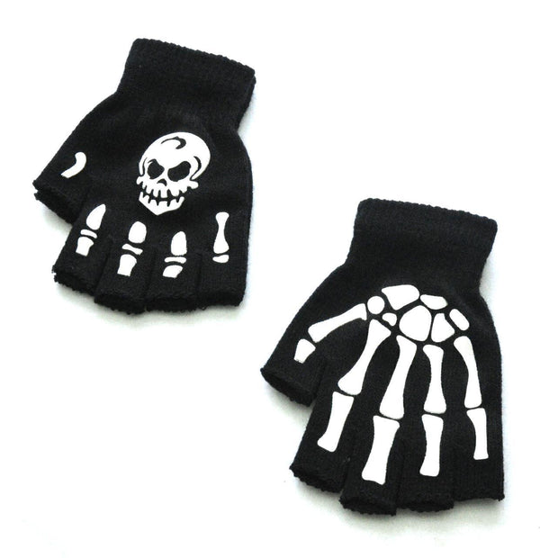 Warm Knitted Half Finger Gloves Halloween Luminous Skull