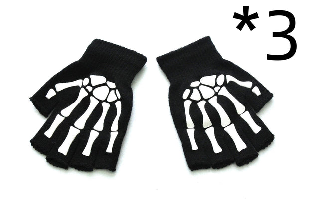 Warm Knitted Half Finger Gloves Halloween Luminous Skull