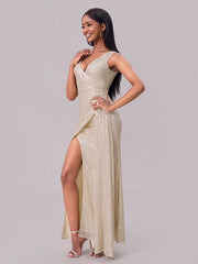 Out of State - Slit Sequin Surplice Sleeveless Maxi Dress