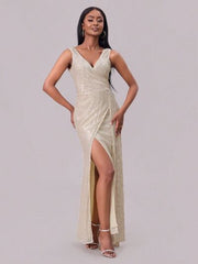 Out of State - Slit Sequin Surplice Sleeveless Maxi Dress