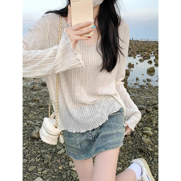 Ice Silk Thin Summer Long-sleeve T-shirt For Women