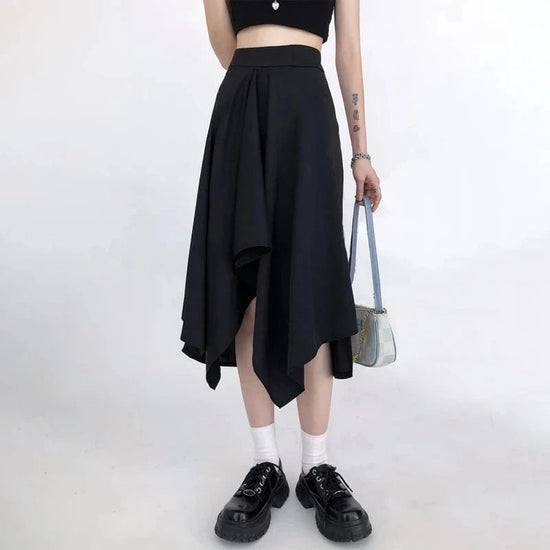 Vintage Irregular Skirts Women Spring Autumn New High Waist Loose Midi Slight Elegant Lady Pleated Skirt Female