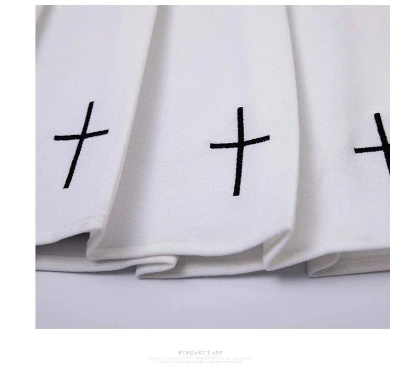 2024 Women Harajuku Sweet Fresh Feeling High Waist Pleated Skirt Elastic Waist Cross Embroidery Skirt black skirt Pleated Skirt