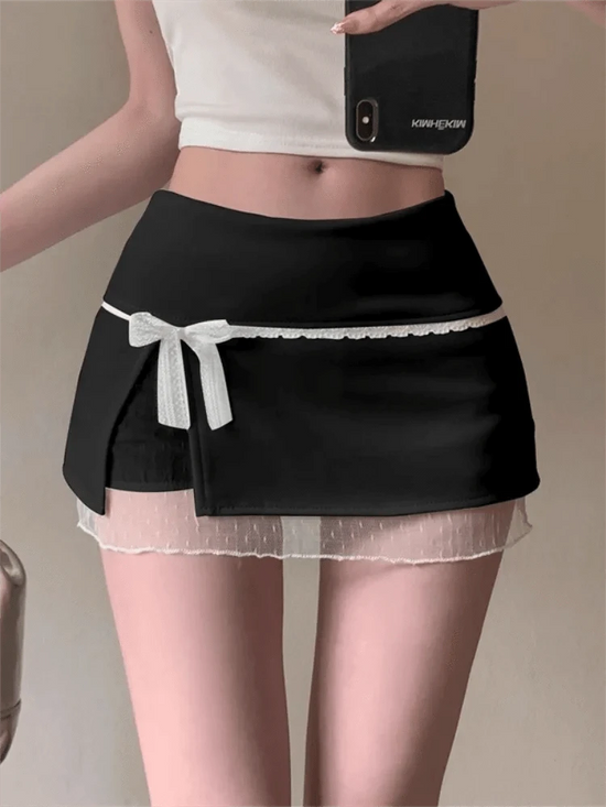 Sweet Lace Patchwork Women Skirts Summer Japanese Kawaii Bow Mini Skirts Fashion Low Waist Preppy Slit A Line Skirts New