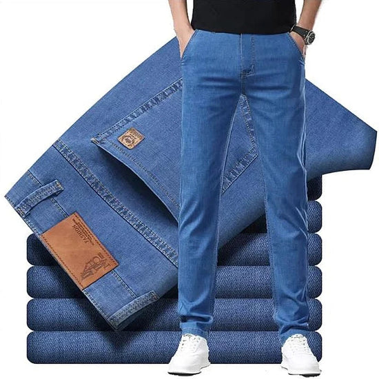 Light blue classic business jeans, fashionable breathable denim elastic pants, black blue men&