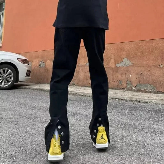 American Style Vintage Black Buttoned Side Slit Jeans For Men Trendy Design Sensibility Niche Micro Flared Slimming Trousers