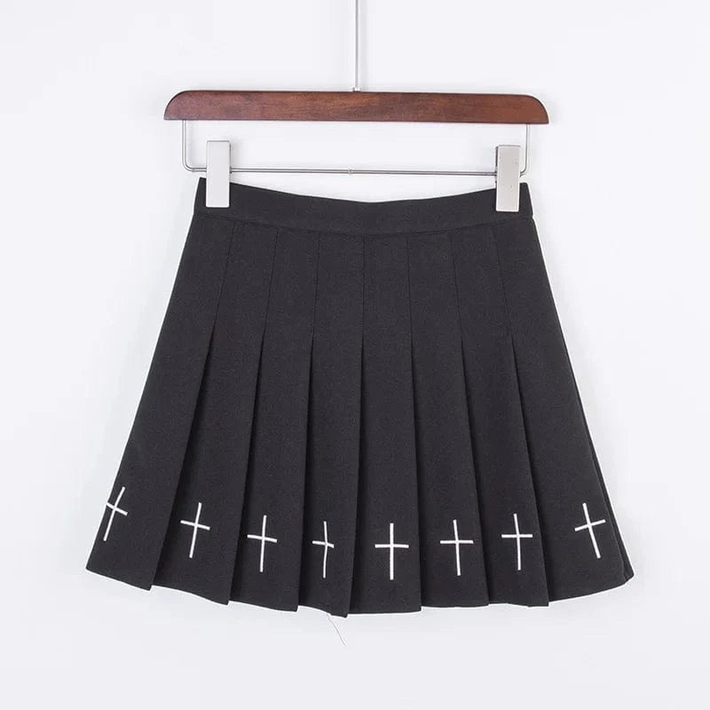 2024 Women Harajuku Sweet Fresh Feeling High Waist Pleated Skirt Elastic Waist Cross Embroidery Skirt black skirt Pleated Skirt