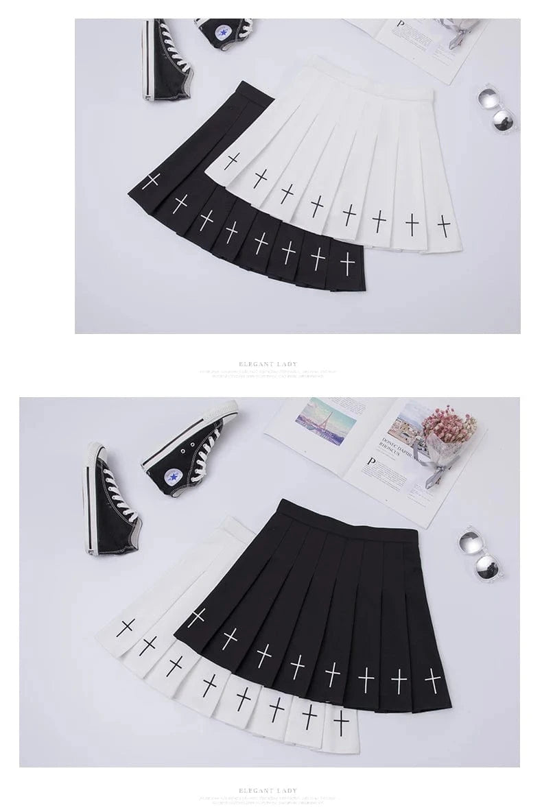 2024 Women Harajuku Sweet Fresh Feeling High Waist Pleated Skirt Elastic Waist Cross Embroidery Skirt black skirt Pleated Skirt