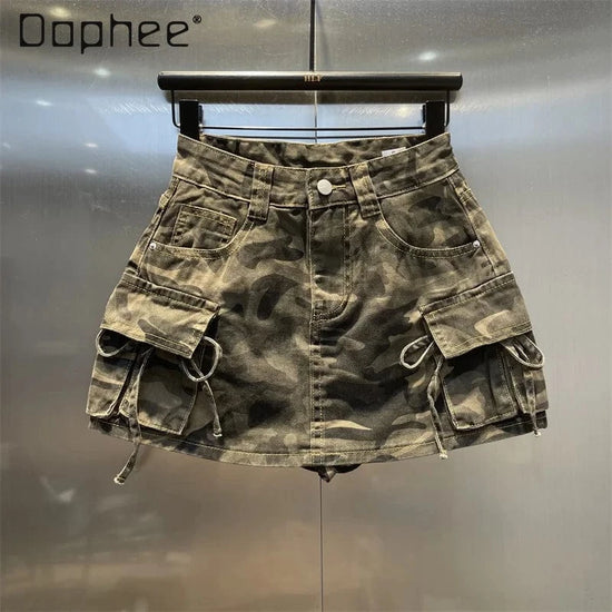 Camouflage Cargo Skirt for Women Pockets Side Streetwear Bow Decorate A Line Wrap Hip Denim Mini Skirt Spicy Girl Y2k