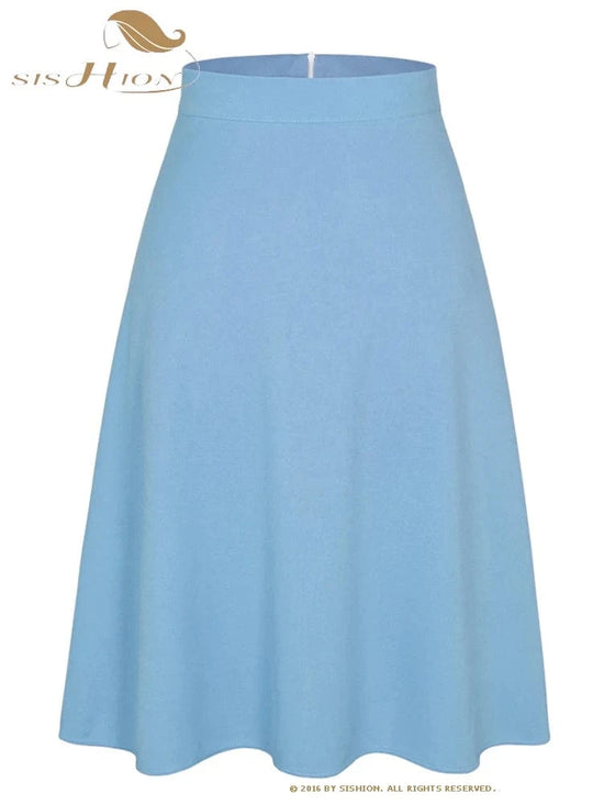 SISHION Candy Colors Vintage Fashion Women Casual Light Blue Skirt SS0031 Summer Ladies A Line Midi Skirts Jupe Femme