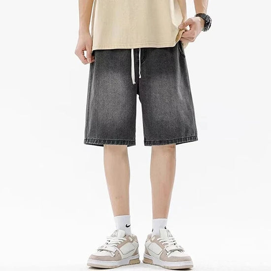 Men Casual Denim Shorts Male New Elastic Waist Straight Leg Comfortable Light Blue Soft Short Pants Baggy Wide Leg Jeans