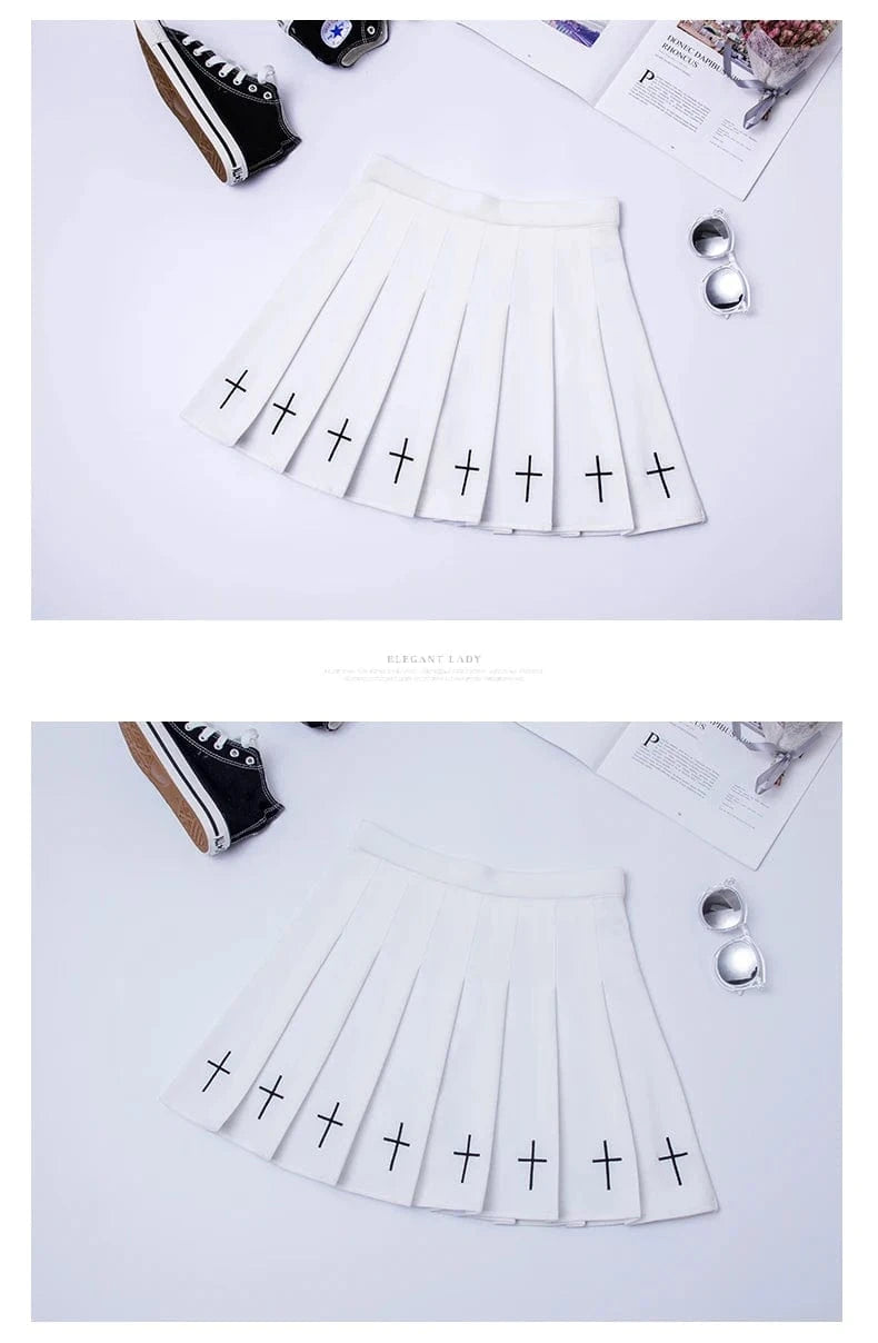 2024 Women Harajuku Sweet Fresh Feeling High Waist Pleated Skirt Elastic Waist Cross Embroidery Skirt black skirt Pleated Skirt