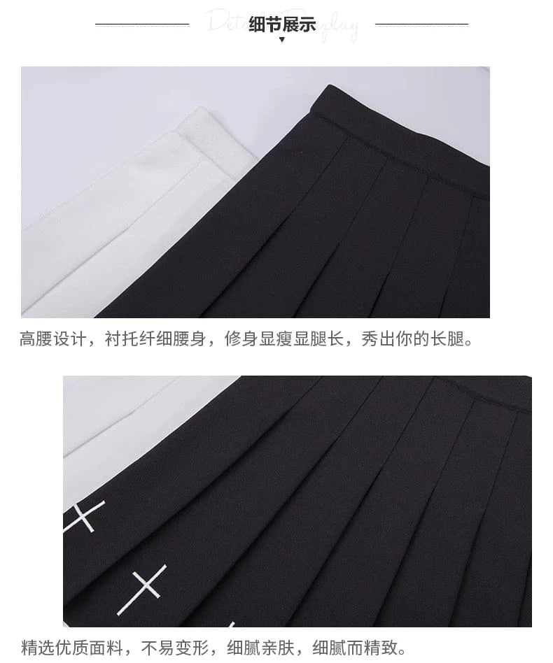 2024 Women Harajuku Sweet Fresh Feeling High Waist Pleated Skirt Elastic Waist Cross Embroidery Skirt black skirt Pleated Skirt