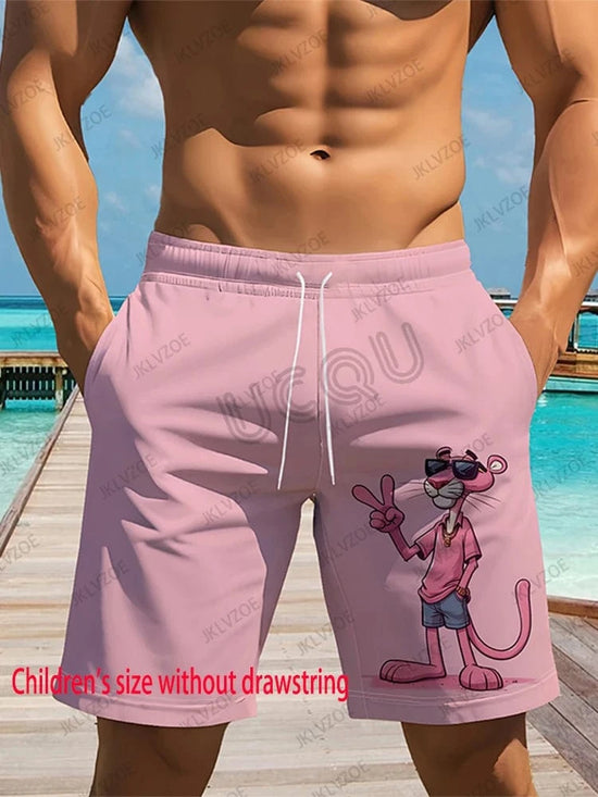 MINISO Summer New Cartoon Pink Panther Print Shorts For Men Quick Dry Beach Swimming Vacation Casual Kids/Adult Shorts Pants
