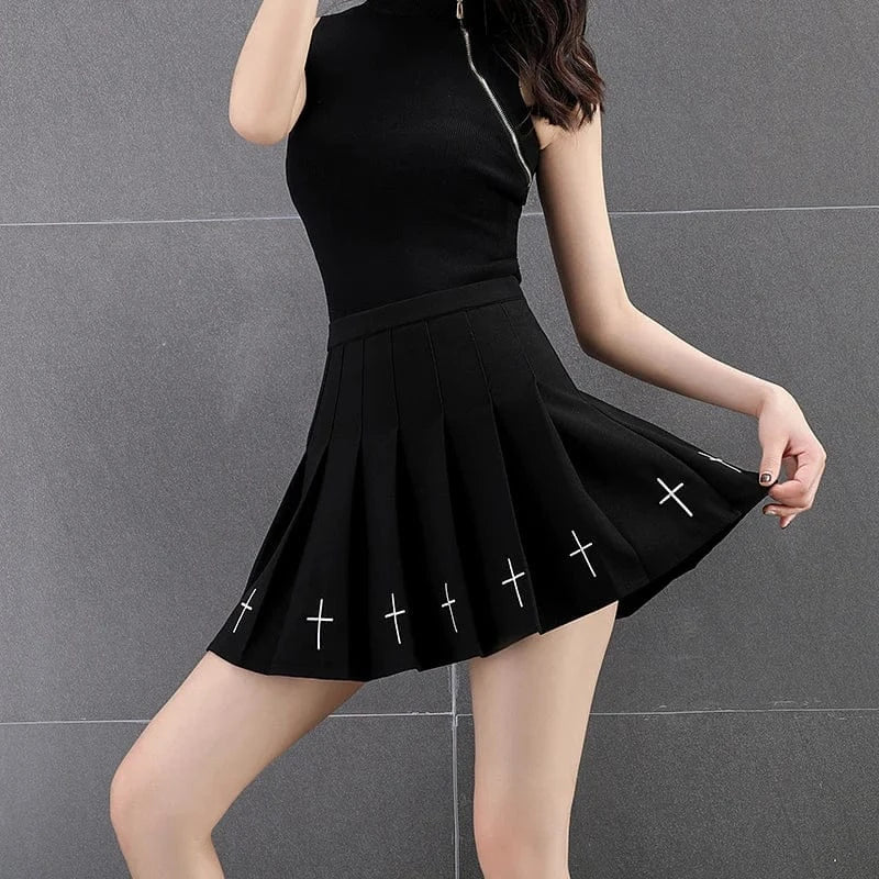 2024 Women Harajuku Sweet Fresh Feeling High Waist Pleated Skirt Elastic Waist Cross Embroidery Skirt black skirt Pleated Skirt