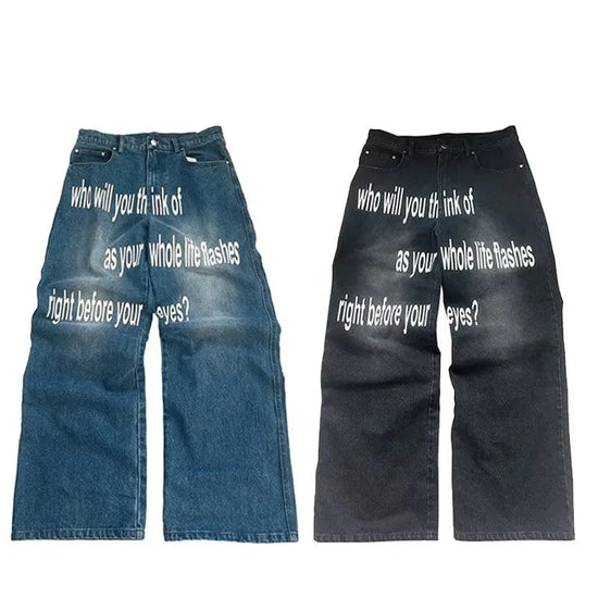 Y2K men Jeans Harajuku Pattern letter jeans Hip Hop streetwear men women 2000s gothic fashion Casual aesthetic wide leg jeans