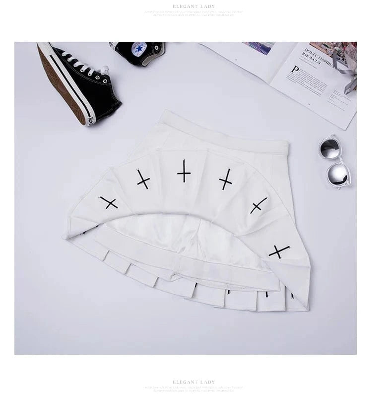 2024 Women Harajuku Sweet Fresh Feeling High Waist Pleated Skirt Elastic Waist Cross Embroidery Skirt black skirt Pleated Skirt